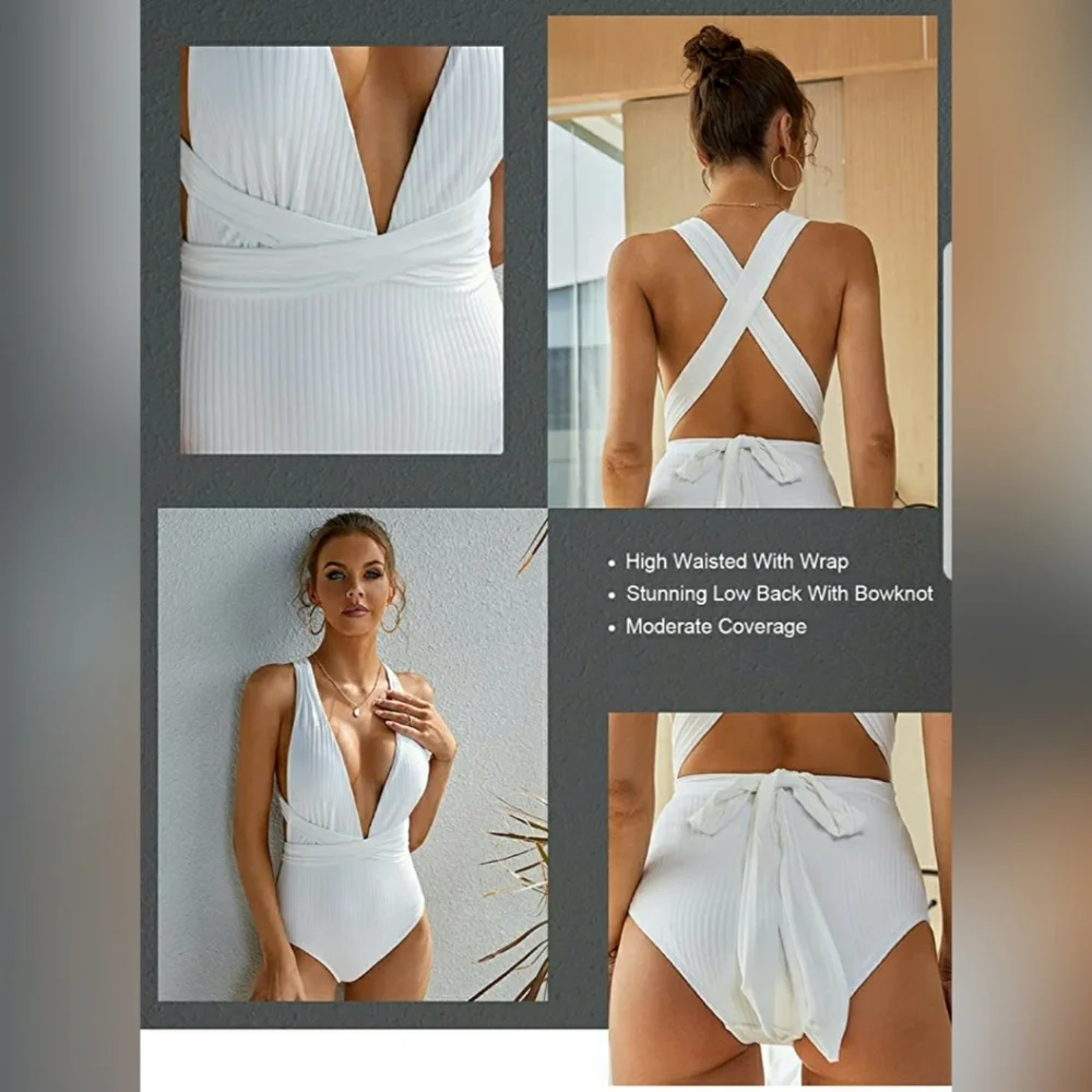 🐬 Women One Piece White Swimsuits, High Waitsted - Picture 2 of 5